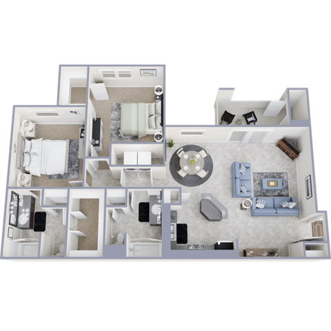 A 3D floor plan of a house with a kitchen, living room, and bedrooms.